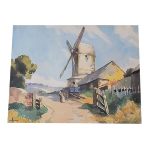 Large Vintage Landscape Lithograph of "The White Mill" in Sandwich, England After Listed British Artist W. Hyams
