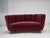 1960s, Danish 2-seater "Banana" sofa. Original striped red furniture velour, oak wood legs, brass springs in the seat....