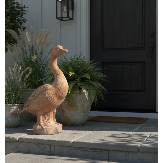 Ceramic Vintage Terracotta-Style Standing Goose Garden Statue For Sale - Image 7 of 9