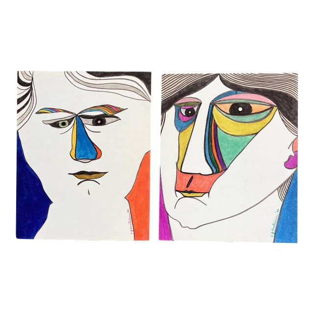 1980’s 2 Original E.J.Hartmann Abstract Portrait Colored Marker Drawings-A Pair For Sale