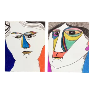 1980’s 2 Original E.J.Hartmann Abstract Portrait Colored Marker Drawings-A Pair