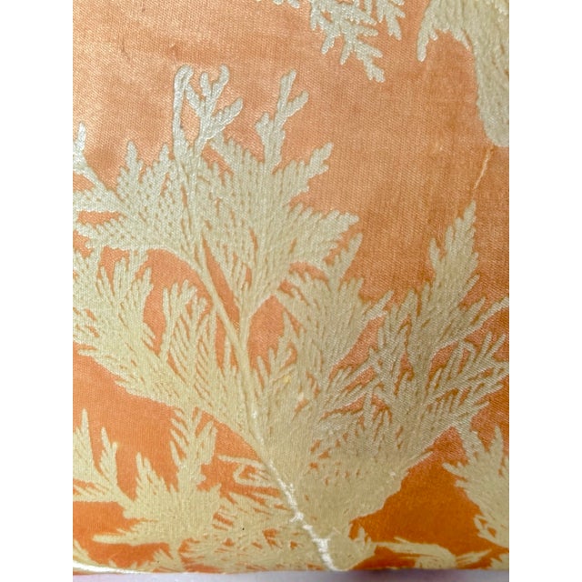 Vintage peach and gold silk pine leaf pillow. Embossed gold pine leaf pattern on peach silk velvet background. Gold silk...