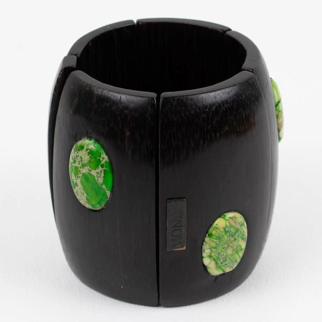 2000 - 2009 Monies Massive Ebony Wood and Stone Cabochons Stretch Bracelet Bangle For Sale - Image 5 of 15