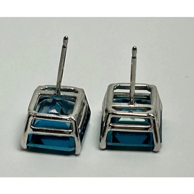 14k White Gold & Emerald Cut London Blue Topaz Earrings - 2 Pieces For Sale - Image 4 of 7