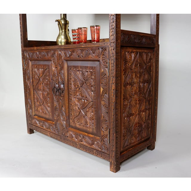Brown Hand Carved Oriental Wooden Cabinet Bookshelf Shelf, Nuristan, Afghanistan, 1980s For Sale - Image 8 of 15