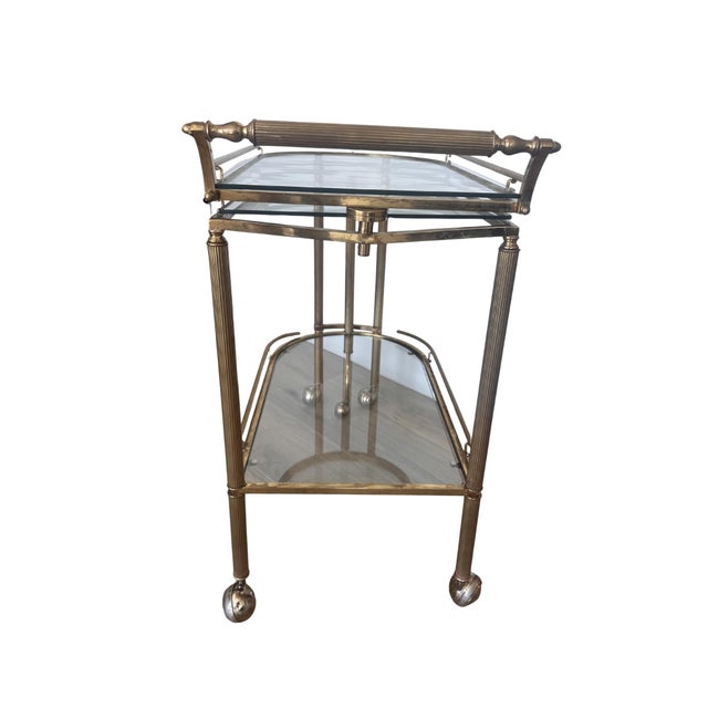 Hollywood Regency Double Sided 3 Tiered Vintage Rolling Brass/Glass Bar Cart, a Hollywood Regency Classic With Swivel Top and Secure Lock For Sale - Image 4 of 5