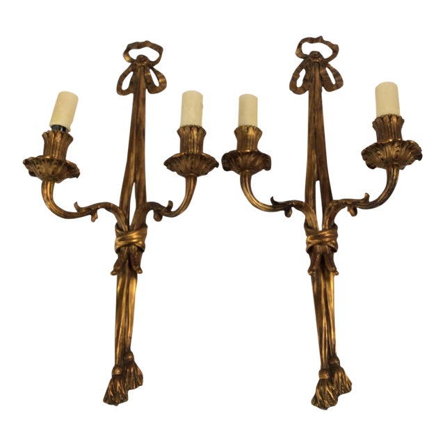 1920s Gilt Bronze Bow Sconces - A Pair For Sale