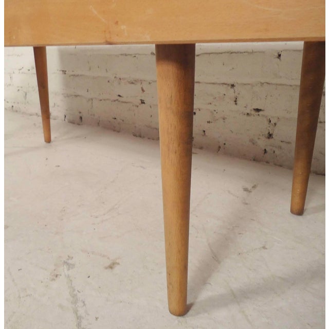 Classic vintage modern table or bench in the style of a George Nelson slat bench. Tight wood slats and tapered cone legs....