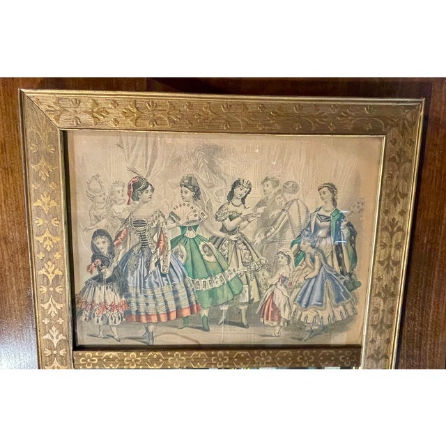 Victorian 19th C. Gilt Mirror With Hand Painted Fashion Print For Sale - Image 3 of 7
