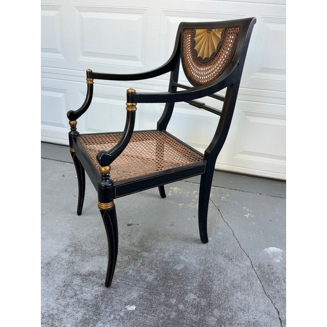 Vintage Regency Style Ebonized Armchair With Cane Seat For Sale In West Palm - Image 6 of 11