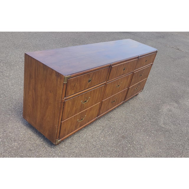 Brown Vintage Drexel Campaign Style Dresser For Sale - Image 8 of 13