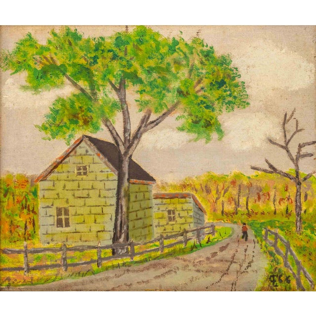 American Naive School, Landscape Scene of a Green House, Acrylic on Canvas Panel, 1966, signed "CL" and dated lower right,...