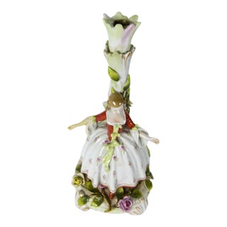 Antique Von Schierholz German Porcelain Courtly Lady Figural Candlestick With Applied Roses and Leaves . Dresden Style For Sale