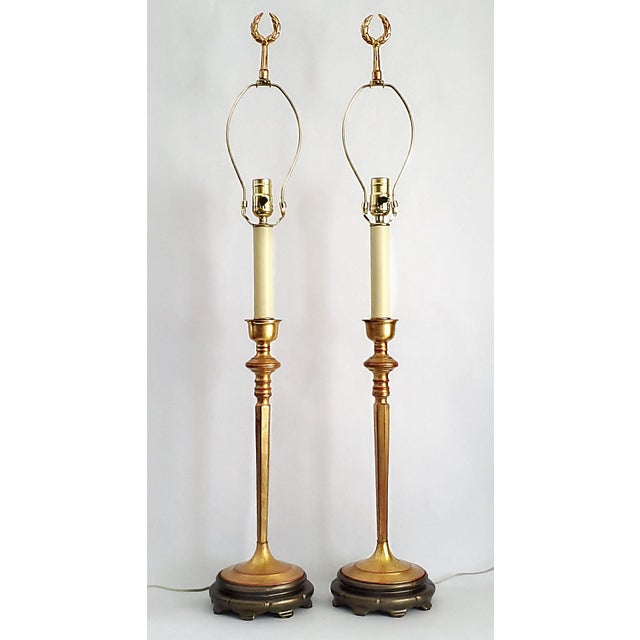 Metal 38" Tall Lamp Pair French Empire Gold For Sale - Image 7 of 15