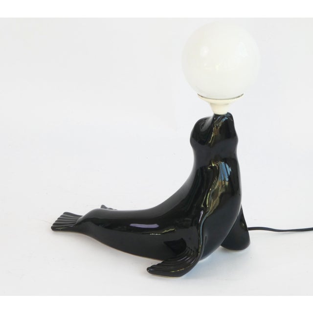Mid-Century Black Ceramic Glazed Seal Table Lamp Lamp with White Globe, 1960s For Sale - Image 6 of 6