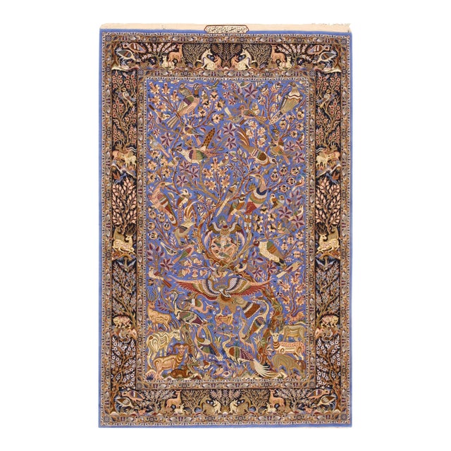 1940s Blue Animalia Antique Persian Isfahan Rug 3' 2" X 5' 6" Silk Wool Handknotted Carpet For Sale
