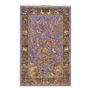 1940s Blue Animalia Antique Persian Isfahan Rug 3' 2" X 5' 6" Silk Wool Handknotted Carpet