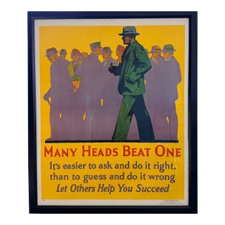 Original 1929 Mather & Company “Many Heads Beat One” Work Incentive Poster, No. 45 For Sale