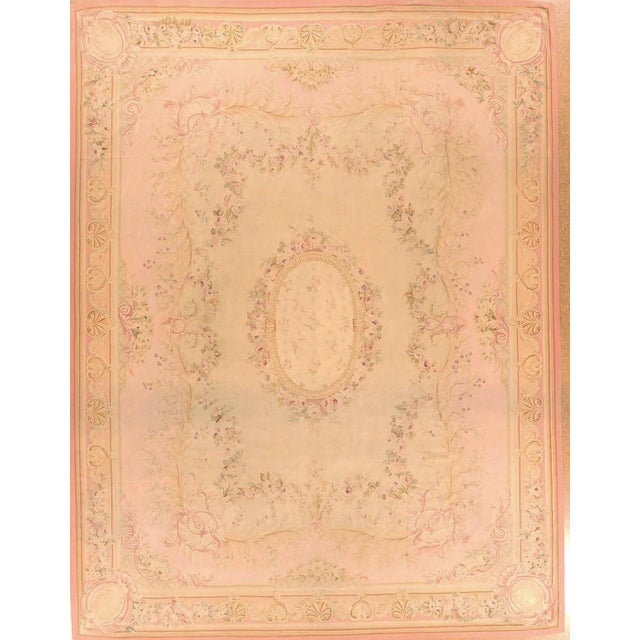 12.5 x 16.2 Original Handwoven French Antique Aubusson Carpet In Excellent Condition.
