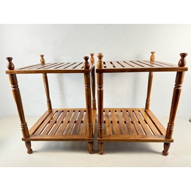 Wood Late 20th Century Pair of 2 Tier Rack Style Tea Tables With Brass Floral Design Inlay For Sale - Image 7 of 11
