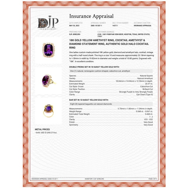 18k Yellow Gold Amethyst & Diamond Cocktail Ring Size 10 For Sale - Image 9 of 10