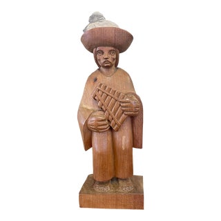 1970s Vintage Hand Carved Wooden Figurine With Flute From Ecuador by Akios Industries For Sale