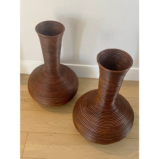 Vintage 1970's Gabriella Crespi Style Pencil Reed Rattan Floor Vases Urns- A Pair For Sale - Image 14 of 14