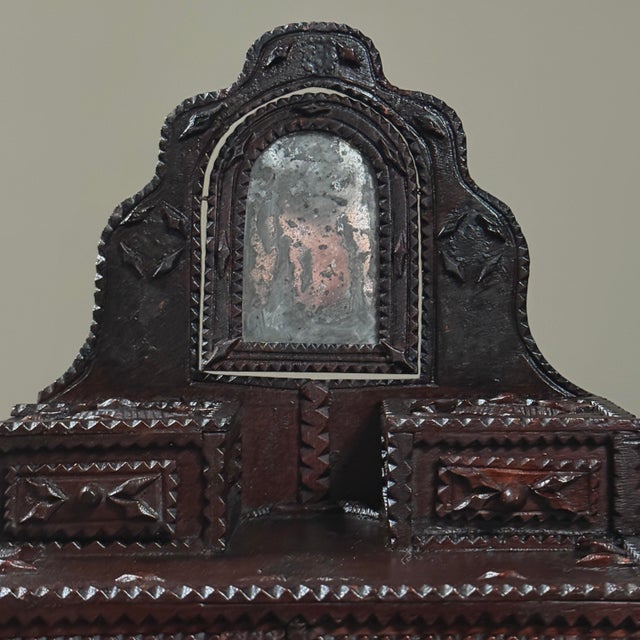 Antique Chip Carved Tramp Art Tabletop Dresser With Decoupage and Mirror For Sale - Image 4 of 12