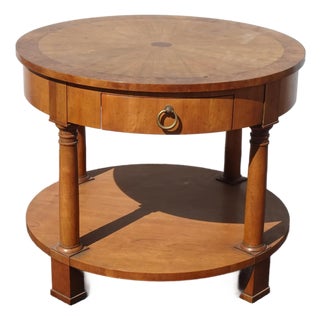 Vintage Neoclassical Baker Side Table Stand W Round Sunburst Table Top & Drawer For Sale