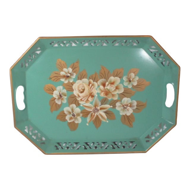1950s Vintage Hand-Painted Floral Tole Tray For Sale