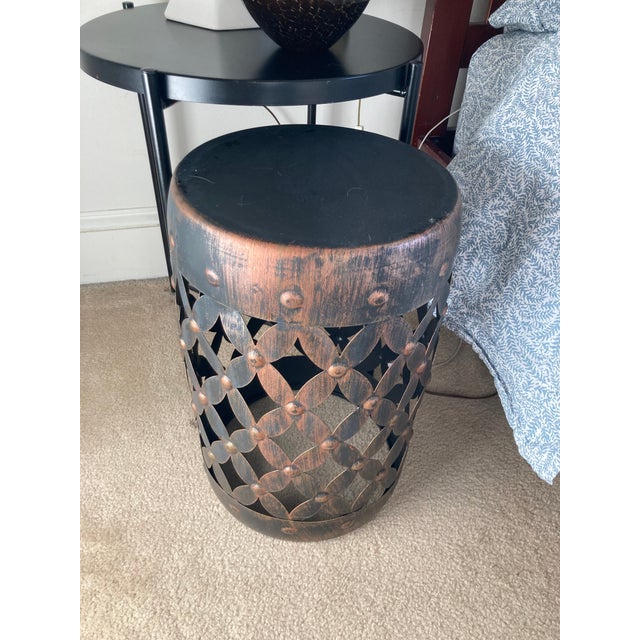 Modern Antiqued Look Modern Trellis Metal Umbrella Stand Garden Stool or Side Table For Sale - Image 3 of 7