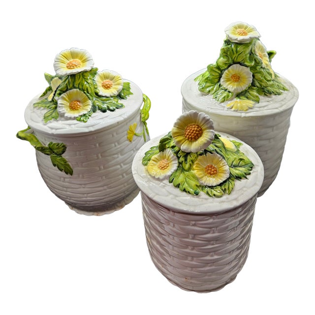 VTG Geo Z. Lefton 4115 Rustic Daisy Weave Porcelain Ceramic Canister Set - Japan For Sale