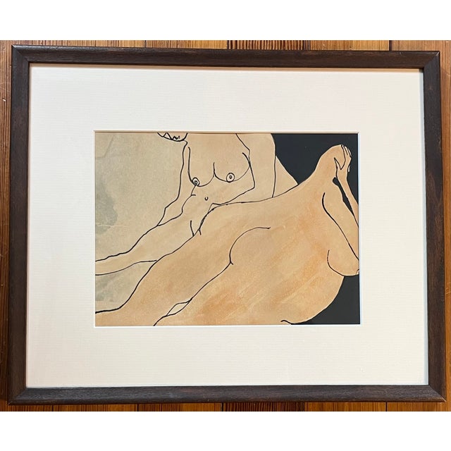 1960s Anna Poulos (American 1933 - 2003) Modernist Abstract Figural Ink Drawing and Watercolor Painting of Two Nude Women Dated 1966 For Sale - Image 5 of 9