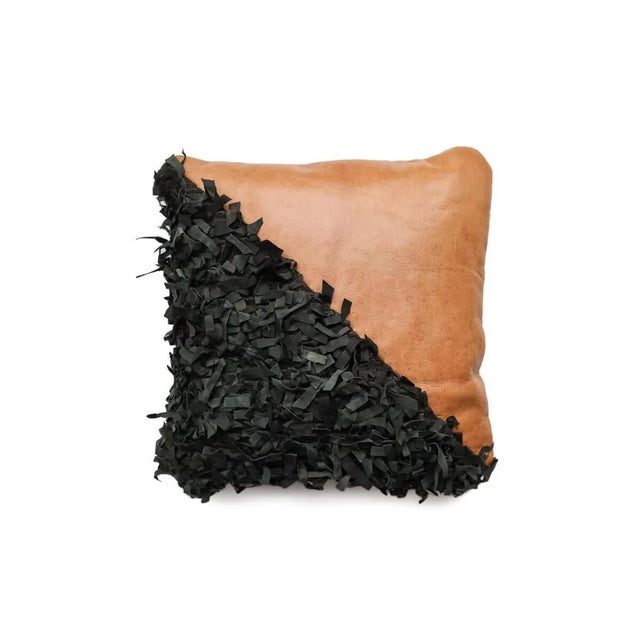 Handmade Geometric Shag Leather Decorative Pillow - Desert Sand & Black 18 X 18" Inches For Sale - Image 12 of 12