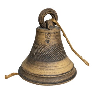 Vintage Brutalist Studio Pottery Hanging Bell With Incised Decoration, Signed For Sale