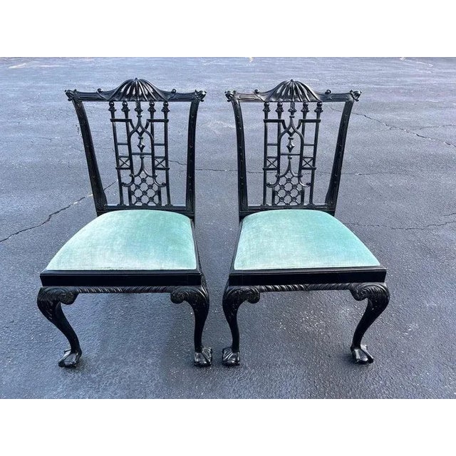 Pair of Black Lacquered Chinoiserie Chairs. Classic Palm Beach Style chairs in the style of Dorothy Draper. Classic Black...
