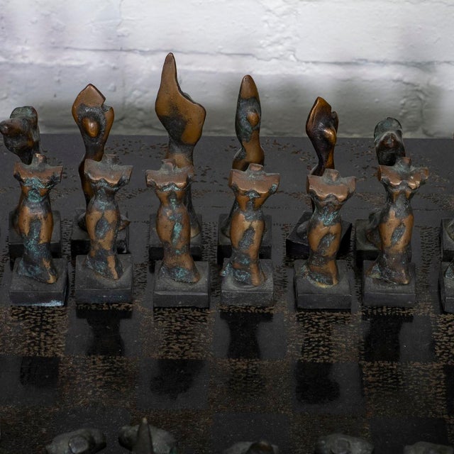 Metal Brutalist style bronze and marble chess set For Sale - Image 7 of 15