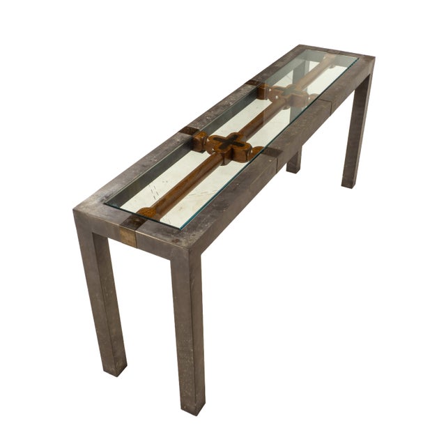 Vintage Brutalist Iron, Brass & Wood Console Table W/ Thick Beveled Glass Insert For Sale In Tampa - Image 6 of 18