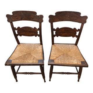 Pair of 19th Century Painted Eagle on Globe Motif Rush Seat Hitchcock Style Chairs For Sale