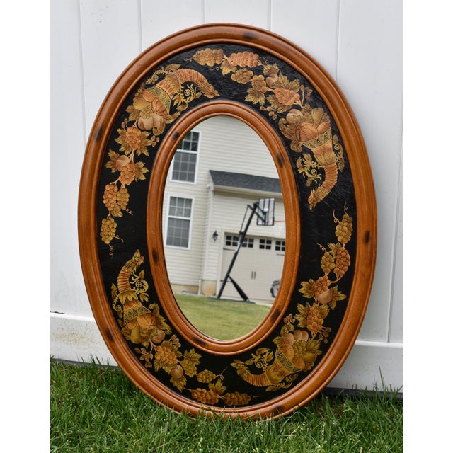 Vintage - 1980's Oval Wall Mirror has a Tuscan Style. Painted Fruit & Cornucopia Details in a Multi-Colored Finish. Made...