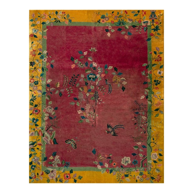 1920s Pink Rose Floral Antique Chinese Art Deco Carpet 9' X 12' Knotted Wool Rug For Sale