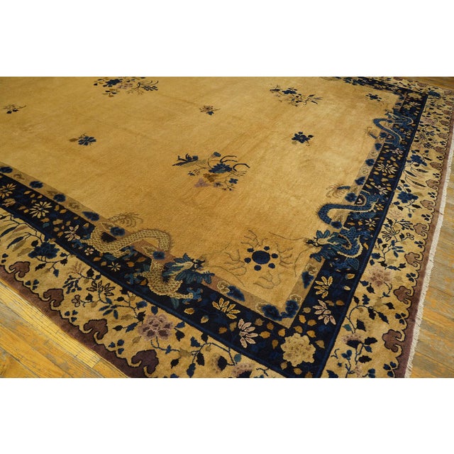 1920s 1920s Beige Open Field Antique Large Chinese Peking Dragon Floral Knotted Rug For Sale - Image 5 of 9