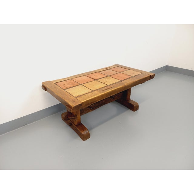 Vintage Brutalist Rectangular Coffee Table in Oak and Ceramic, 1970s For Sale - Image 9 of 17