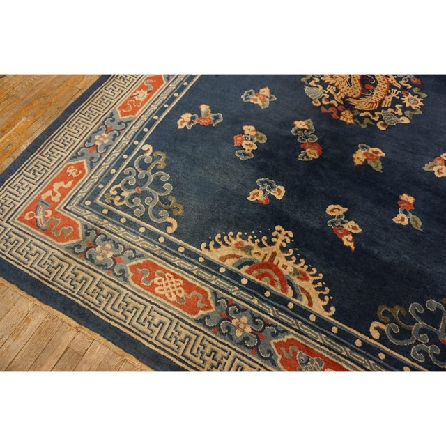 Navy Blue 1920s Navy Dragon Classic Greek Key Antique Chinese Peking Wool Rug 7' 3"x 9' 8" For Sale - Image 8 of 9