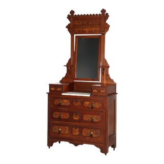 Antique Renaissance Revival Walnut & Burl Marble Top Dresser With Mirror C1890 For Sale