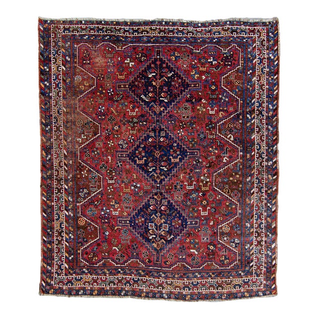 Early 1900s Antique Botanical Figural Tribal Medallion Brick Red Blue Almost Square Rug - 5’10” X 6’10” For Sale
