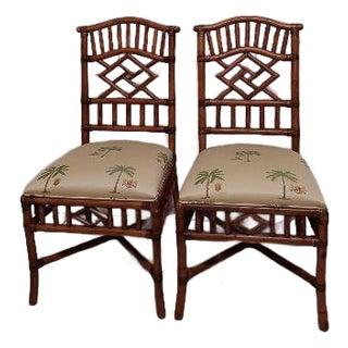 Vintage Dining Chair Chippendale Tommy Bahama Style Bamboo Rattan Set of Two For Sale