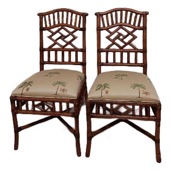 Vintage Dining Chair Chippendale Tommy Bahama Style Bamboo Rattan Set of Two For Sale