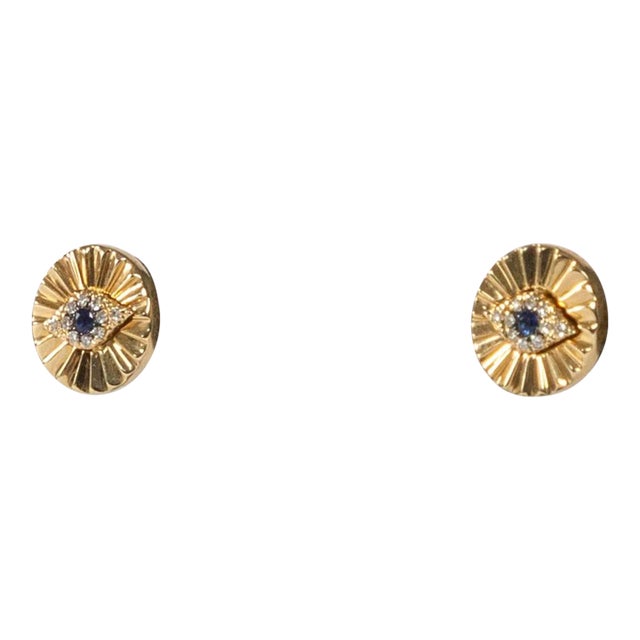 Fluted Evil Eye Studs with diamonds and sapphires - A Pair For Sale