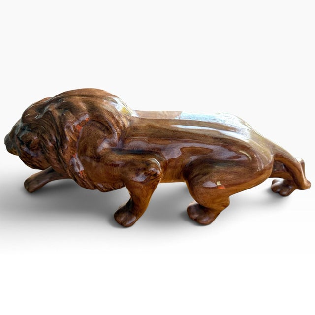 Mid 20th Century Vintage Glazed Ceramic Lion Sculpture, Reclining Big Cat For Sale - Image 5 of 7